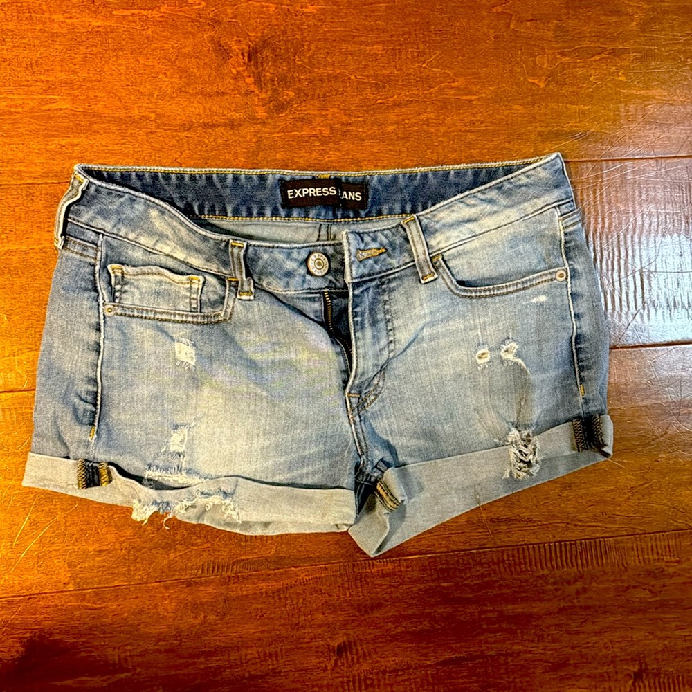 Express distressed denim shorts with stretch